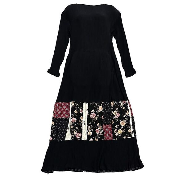 Vintage Black Modest Boho Floral Patches Long Sleeved Maxi Casual Hippie Dress - Picture 1 of 11